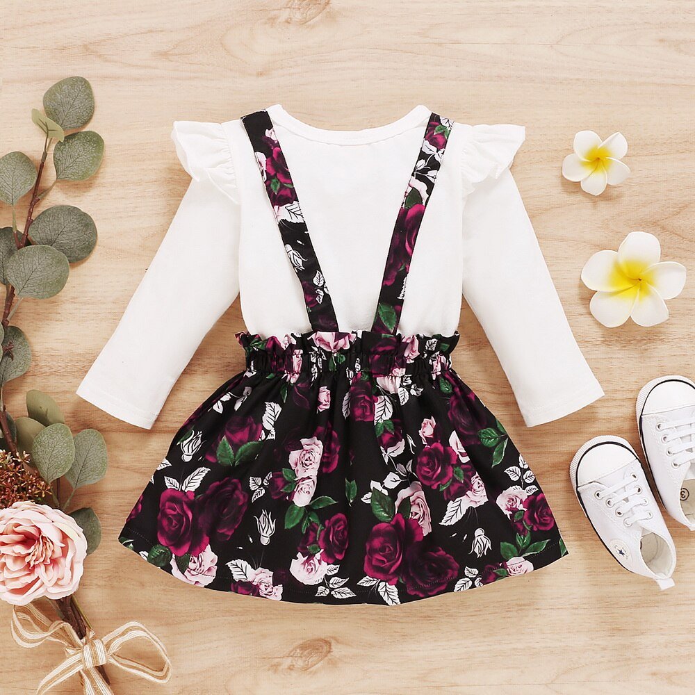 Autumn Kids Girls Outfits 2Piece Long Sleeve Cotton Tops+Skirt Ruffle Floral Baby Girl Clothes White O neck Toddler Clothing D30-2