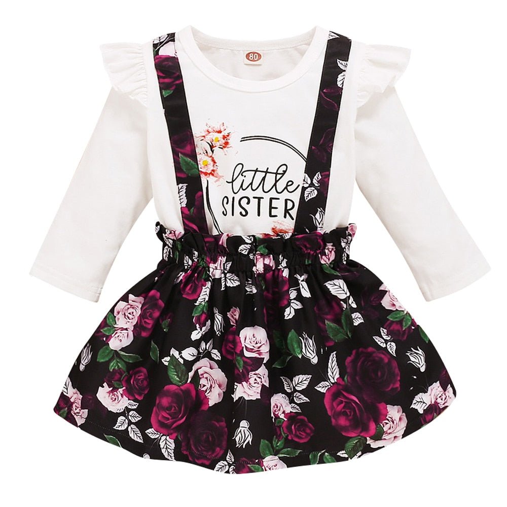 Autumn Kids Girls Outfits 2Piece Long Sleeve Cotton Tops+Skirt Ruffle Floral Baby Girl Clothes White O neck Toddler Clothing D30-1