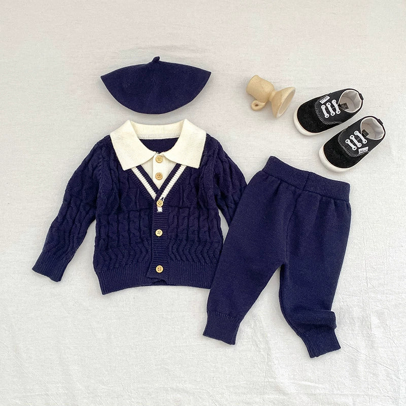 Arrival Autumn Baby Unisex Long Sleeves Geometric Pattern Knitted Top Cardigan and Long Trousers Clothing Set