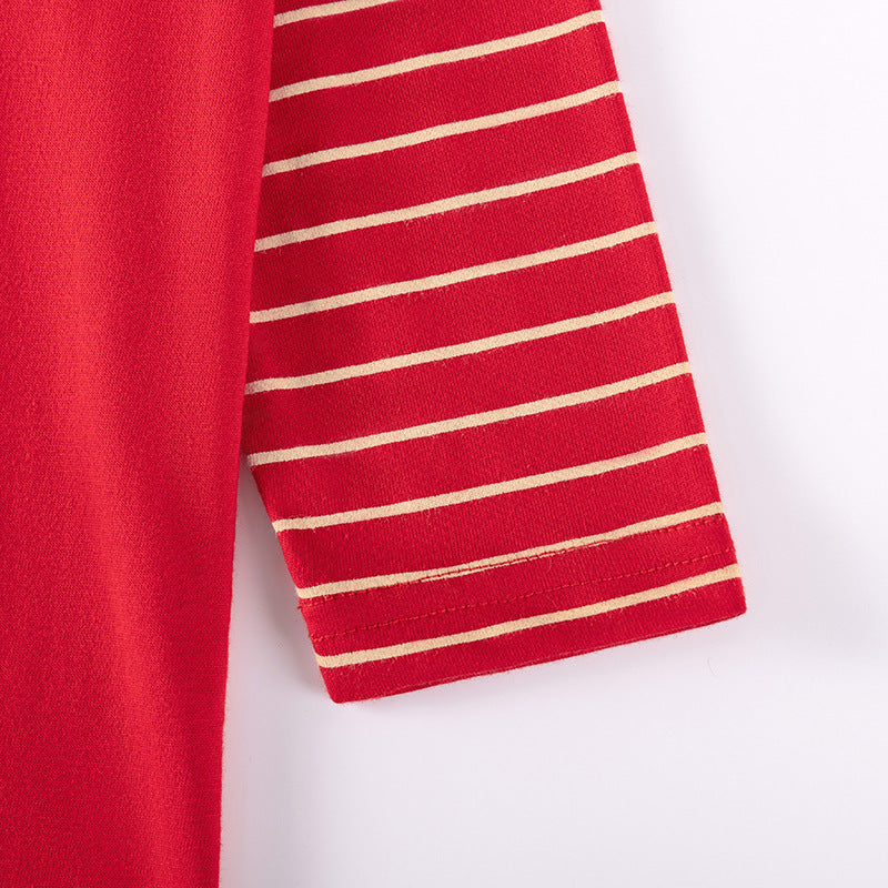 Autumn and Spring Arrival Christmas Cartoon Pattern Striped Long Sleeves Dress for Stylish Girls-3