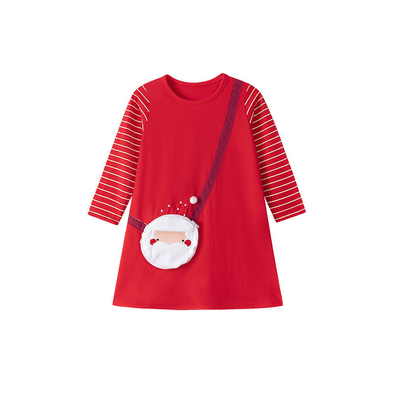 Autumn and Spring Arrival Christmas Cartoon Pattern Striped Long Sleeves Dress for Stylish Girls-4